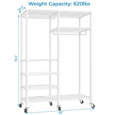 White Heavy Duty Rolling Garment Rack with Adjustable Shelves