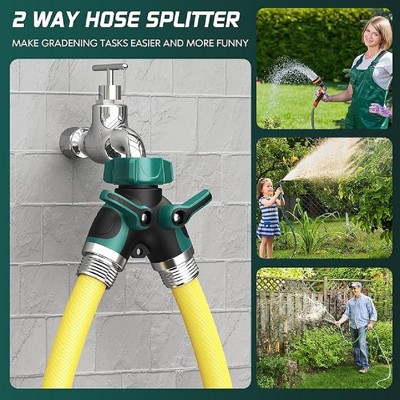 Akoasm Outdoor Heavy-Duty Metal Dual-Direction Garden Hose Splitter with Shut-Off Valve, 3 Leak-Proof Gaskets & 1 Roll of Sealing Tape-Green