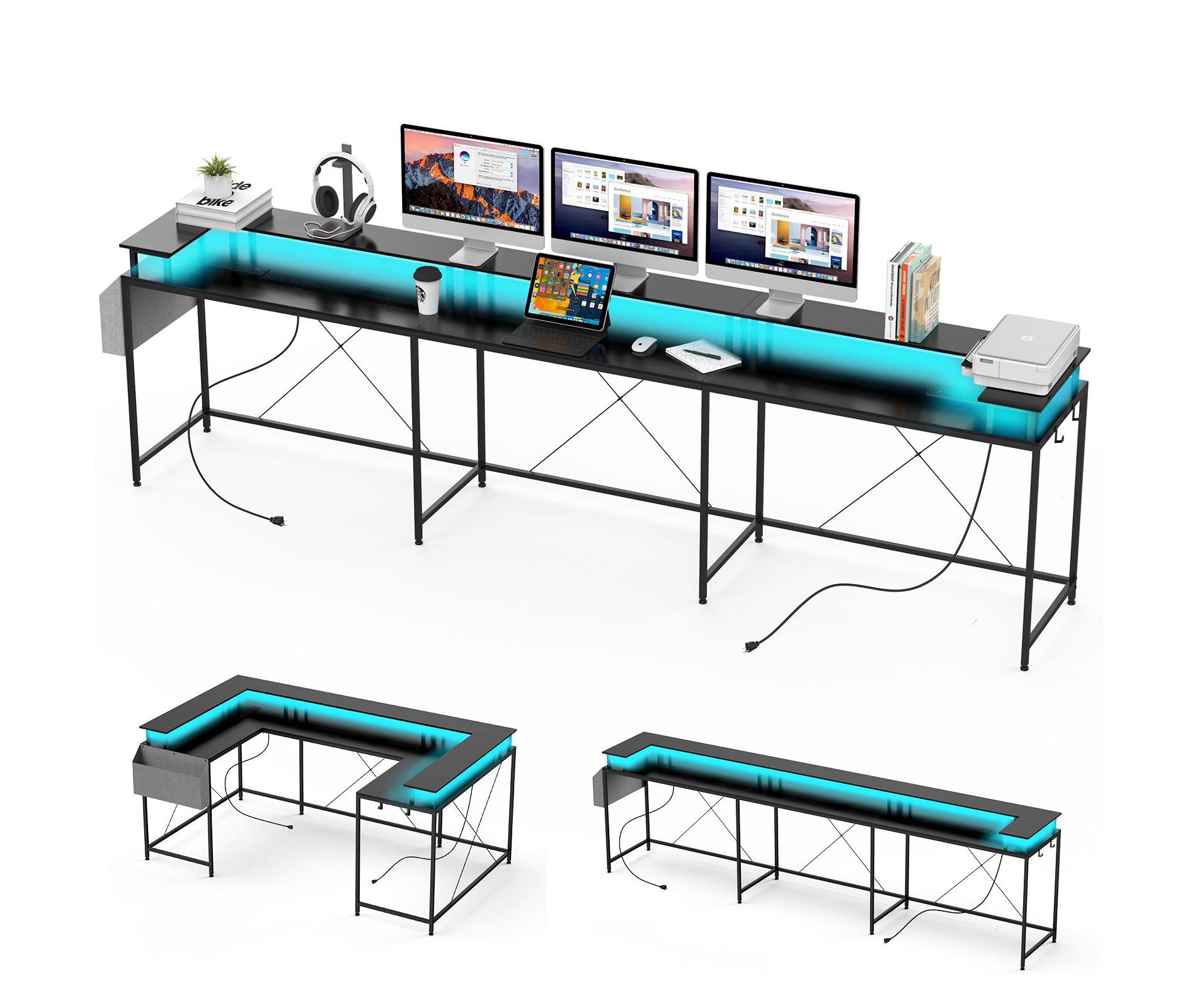 U Shaped Gaming Desk 79" Reversible L Desk with LED Strip, Power Outlets & USB Ports, Large Corner Desk with Monitor Stand & Storage, Black