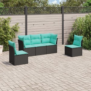 5 Piece Patio Sofa Set with Cushions Black Poly Rattan vidaXL - 1 of 3