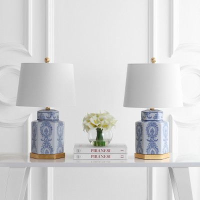 Bodin Blue and White Ceramic Table Lamp Set with Gold Leaf Finish