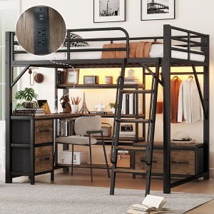 TIRAMISUBEST Full/Queen Size Loft Bed with Desk and Drawers, Metal Bed Frame with Storage Shelves and Clothes Rod - 1 of 4