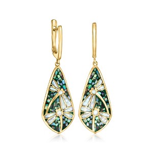 Ross-Simons Mother-Of-Pearl and Abalone Shell Dragonfly Mosaic Drop Earrings in 18kt Gold Over Sterling - 1 of 4