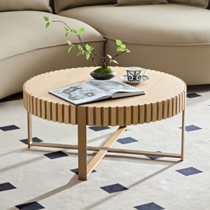 FONTOI Modern Handcraft Round Coffee Table with Sturdy Steel Leg Minimalist Sofa Table for Living Room Small Space, Brown, 31.5"* 31.5"*13.78" - 1 of 4