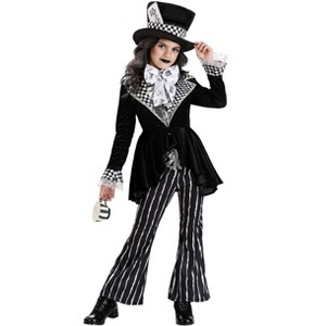 HalloweenCostumes.com Girl’s Deluxe Dark Mad Hatter Costume | Wonderland Outfit with Jacket, Vests, Pants, Bowtie, & Hat - 1 of 4
