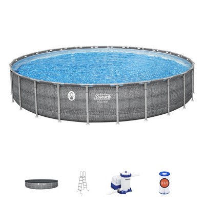 Coleman Round Durable Power Steel Frame Deluxe Series 26' x 52" Above Ground Outdoor Swimming Pool Set with Filter Pump and Ladder, Silver