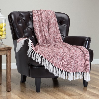 Rust Diamond Pattern Cotton Throw Blanket with Tassels
