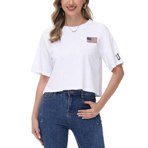 Anna-Kaci Women's Cropped Flag Graphic Tee with Short Sleeves and Crew Neckline - 1 of 4