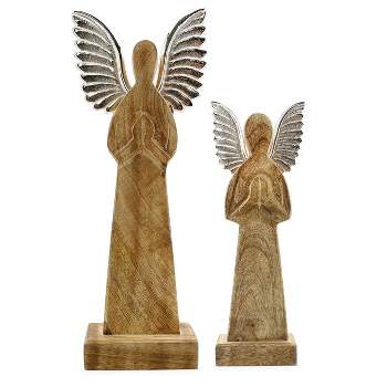AuldHome Design Wooden Angel Christmas Statues 2pc Set; Primitive Farmhouse Holiday Decor