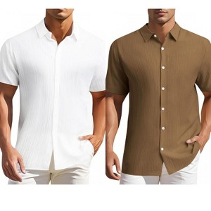 INSPIRE CHIC Men's Summer Point Collar Short Sleeves Button Down Linen Shirts 2 Packs - 1 of 4