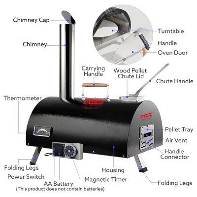 Outdoor 12" Automatic Rotatable Pizza Ovens Portable Stainless Steel Wood Fired Pizza Maker with Built-in Thermometer Pizza Cutter Carry Bag