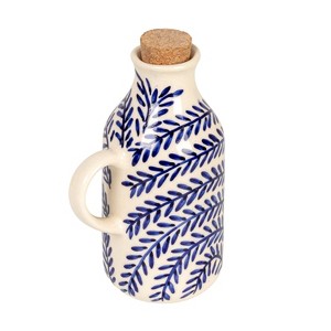 Storied Home 8 oz. Hand-Painted Stoneware Oil Cruet with Design and Cork Stopper, Cream Color and Blue - 1 of 4