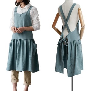 Women's Cotton Linen Cross Back Apron with Pockets - Turquoise with Waist Ties, for Gardening, Cleaning, and Cooking - 1 of 4