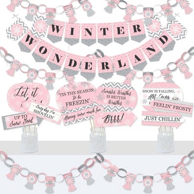 Big Dot of Happiness Pink Winter Wonderland - Banner & Photo Booth Decor - Holiday Snowflake Party and Baby Shower Supplies Kit - Doterrific Bundle