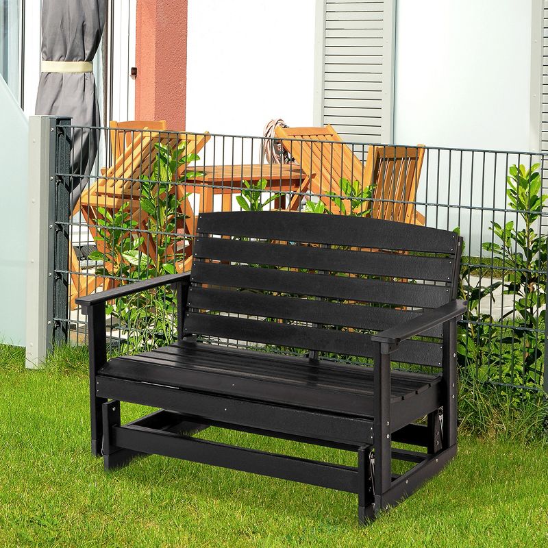 Outsunny 2-Person Outdoor Glider Bench Patio Double Swing Rocking Chair Loveseat w/ Slatted HDPE Frame for Backyard Garden Porch, Black, 2 of 7