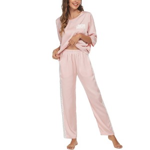cheibear Womens Satin Sleepwear Lounge with Pants Nightwear 3/4 Sleeves Pajama Set - 1 of 4