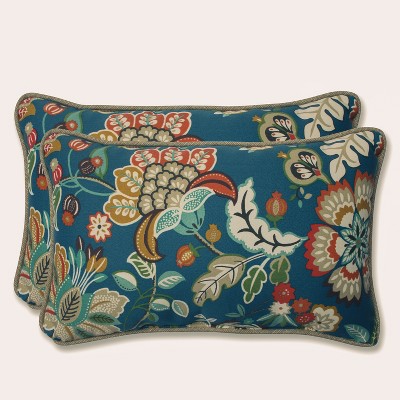 Telfair Outdoor 2-Piece Lumbar Throw Pillow Set - Blue - Pillow Perfect: Weather-Resistant, Botanical Pattern