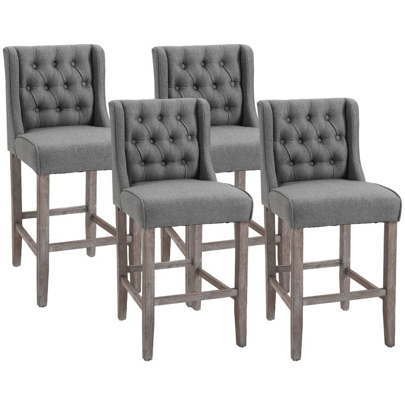 HOMCOM Counter Height Bar Stools, Tufted Wingback Armless Upholstered Dining Chair with Rubber Wood Legs, Set of 4, Gray, 1 of 7