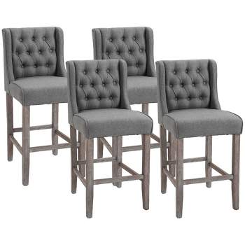 HOMCOM Counter Height Bar Stools, Tufted Wingback Armless Upholstered Dining Chair with Rubber Wood Legs, Set of 4, Gray