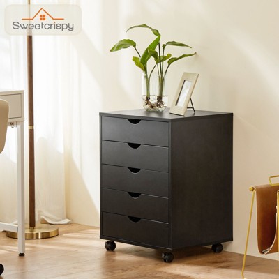 Black MDF 5-Drawer Mobile Storage Cabinet with Wheels