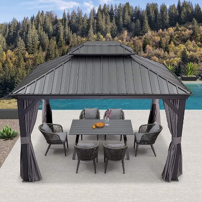 PURPLE LEAF Outdoor Gazebo Aluminum Frame Galvanized Steel Double Roof Patio Hardtop Gazebo with Curtains and Netting for Patio Lawn and Garden