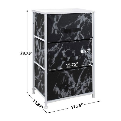 White Frame Black Marble 3-Drawer Nightstand with Fabric Bins