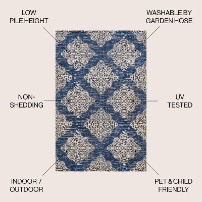 Navy/Beige Medallion 4'x6' Reversible Indoor/Outdoor Rug