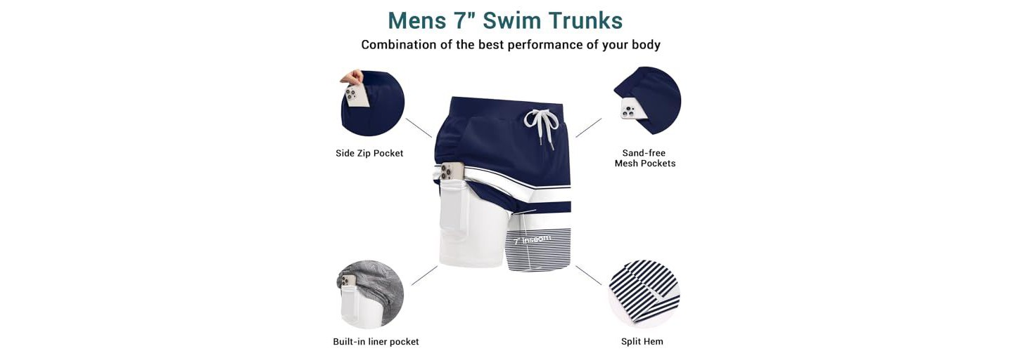 Мужские шорты Ekouaer 7" Swim Trunks Swimwear Zip Pockets Beach Board Shorts Bathing Suits with Mesh Lining Z Stripes Navy White M, цвет: Тёмно-синий — фото 2