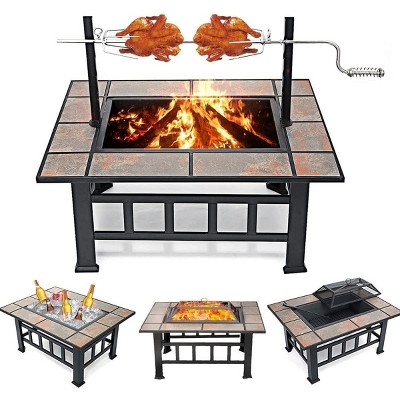 Large Black Wood-Burning Fire Pit Table with Grill