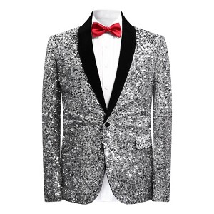 Cloudstyle Men's One Button Slim Fit Velvet Sequin Blazer Party Prom Dinner Jacket - 1 of 4