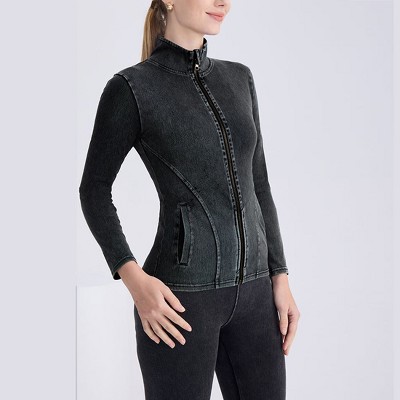 Женские куртки YesFashion Women Stand Collar Zip Up Denim Look Jacket Seamed Fitted Long Sleeve Stretchy Slim Outerwear with Side Pockets Gray L — фото 2
