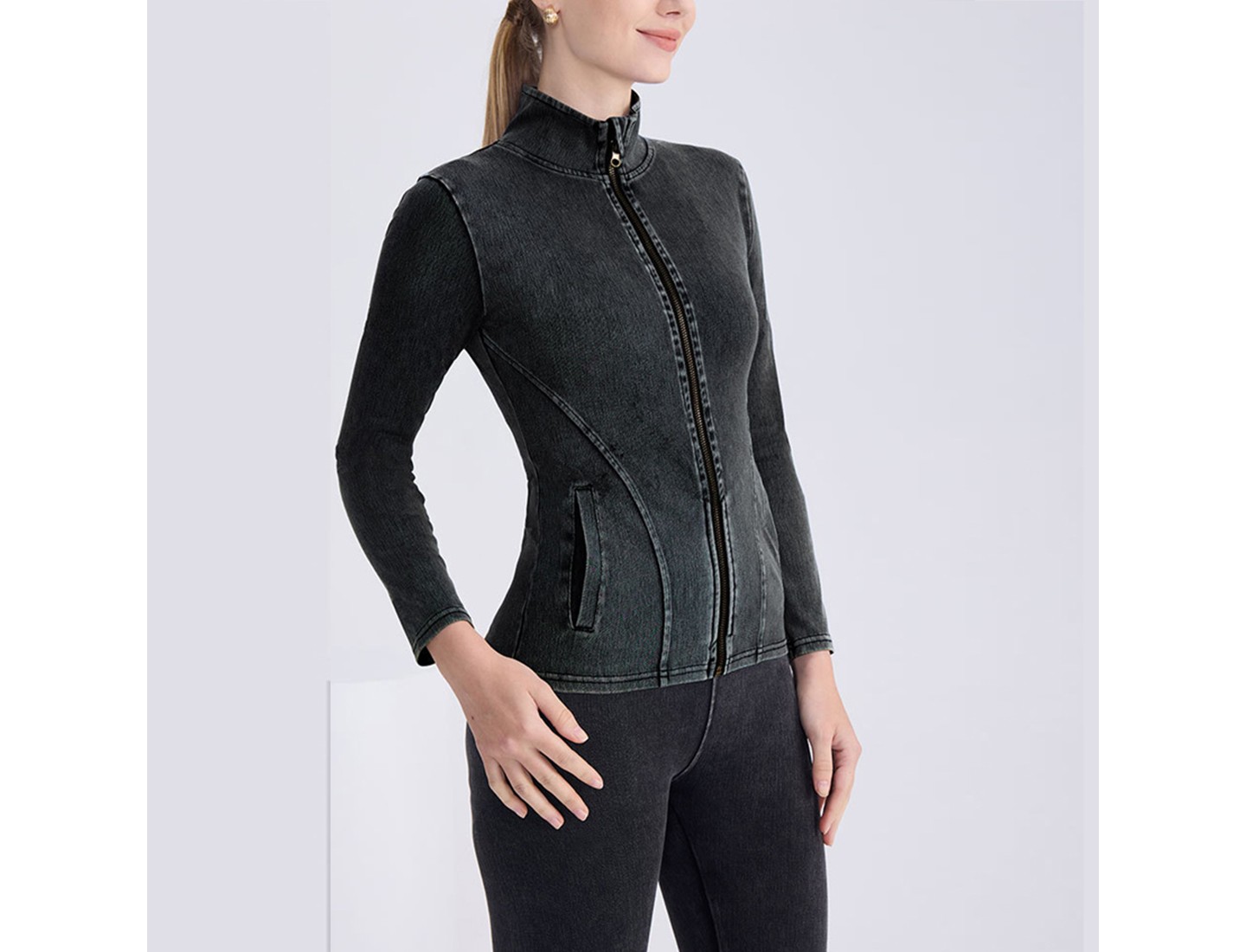 Женская куртка YesFashion Women Stand Collar Zip Up Denim Look Jacket Seamed Fitted Long Sleeve Stretchy Slim Outerwear with Side Pockets Gray, цвет: Джинсовый — фото 2