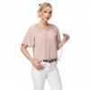 Anna-Kaci Women's Short Sleeve V-Neck Blouse with Gathered Shoulder Detail and Long Neck Tie Accent - 3 of 4