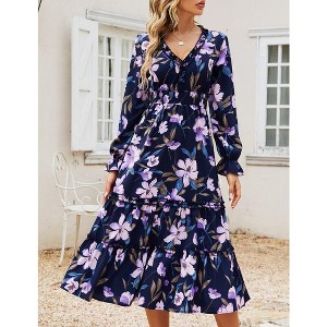 Womens Deep V Neck Floral Print Long Sleeve Ruffle High Waist Beach Flowy Maxi Dress Dress - 1 of 4
