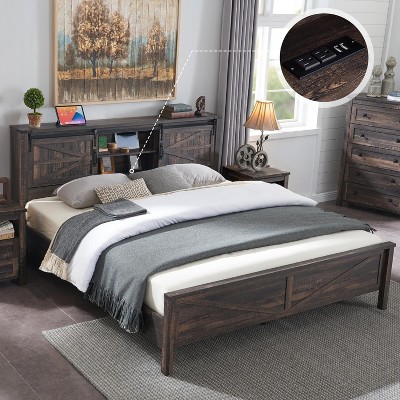 SinCiDo Farmhouse Bed Frame,w/Charging Station, Storage Bookcase Headboard,Sliding Barn Door,No Box Spring Needed, w/Wood Slats Support