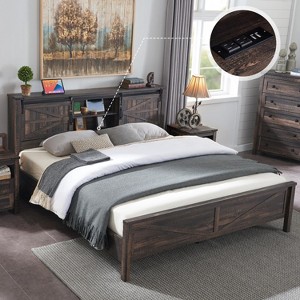 SinCiDo Farmhouse Bed Frame,w/Charging Station, Storage Bookcase Headboard,Sliding Barn Door,No Box Spring Needed, w/Wood Slats Support - 1 of 4