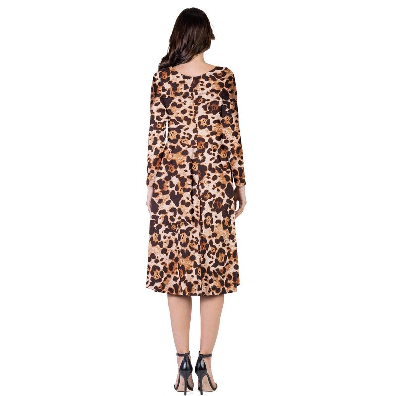 24seven Comfort Apparel Cheetah Print Long Sleeve Pleated Midi Dress with Pockets, 3 of 5