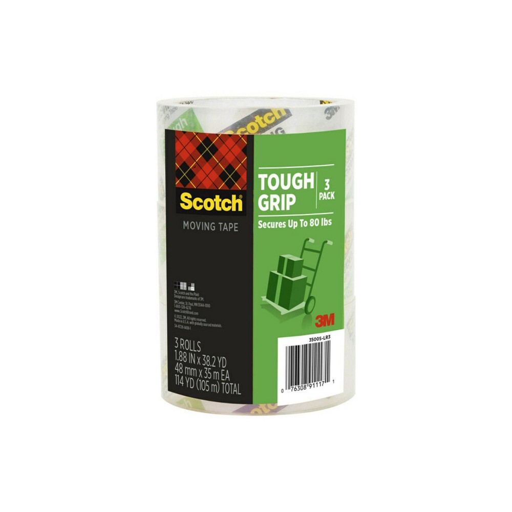Scotch 3pk Tough Grip Moving Tape: Clear Packing Tape for Shipping & Refill, 1.88" Width, 1375" Length