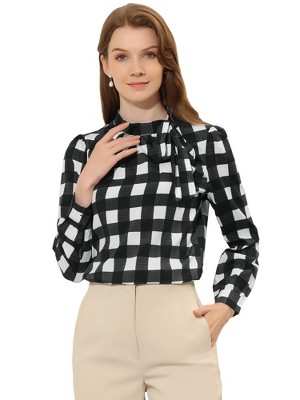 INSPIRE CHIC Women's Bow Tie Neck Keyhole Back Grid Checks Office Work Blouses