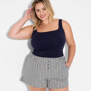 Women's Seersucker Plaid Flannel Boxer Shorts - Navy Blue - 1 of 3