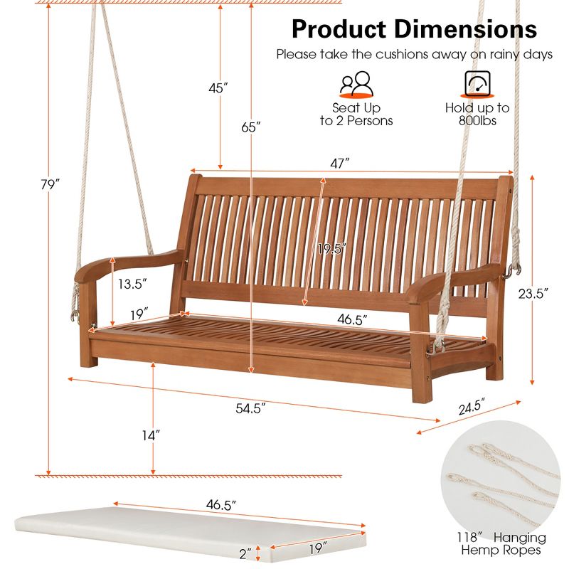 Costway 2-Person Hanging Porch Swing Wood Bench with Cushion Curved Back Outdoor Natural, 4 of 13