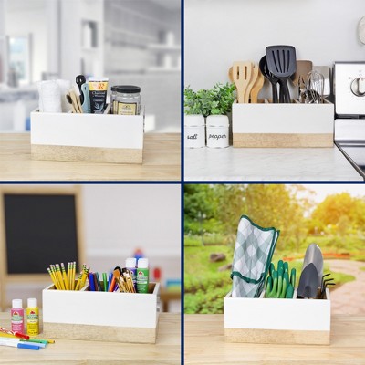 White and Natural Mango Wood 3-Compartment Utensil Holder