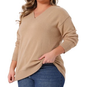 Women's Plus Size V Neck Long Sleeve Knit Solid Casual Basic Sweater - Agnes Orinda - 1 of 4