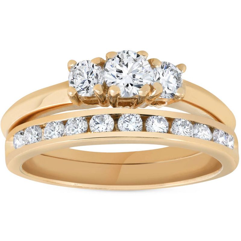 Pompeii3 14k Yellow Gold 1ct Diamond Engagement Wedding Ring Set 3Stone Channel Set Round, 1 of 5