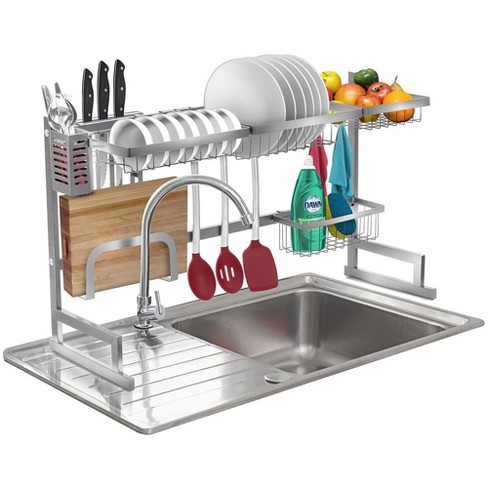 Sorbus Over-The-Sink Dish Drying Display Rack Stand with Utensil Holder  Hooks for Kitchen Counter Storage for Dishes, Utensils, etc (Silver)