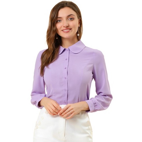 Allegra K Women's Work Peter Pan Collar Long Sleeve Button Down Shirt  Purple Large