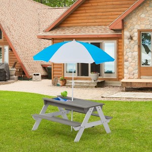 Whisen Wooden Kids Picnic Table, Sand and Water Table with Umbrella, Activity Table for Outdoor Backyard Patio Play - White & Gray - 1 of 4
