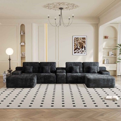 150 Inch U-Shaped Sectional Sofa with Ottomans and Console, 5-Piece Sofa with Storage and Charging, Corduroy Sofa with Cushion-Coolbibila
