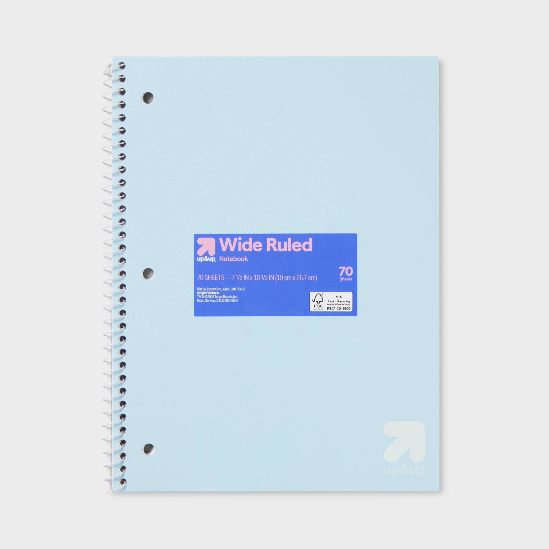 Wide Rule Spiral Notebook 7.5"x10.5" Poly Cover 70 Sheets Pastel Blue - up&up™