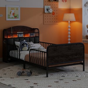 Whisen Twin Size Metal Platform Bed with Light, Upholstered and Storage Headboard for Kids - 1 of 4